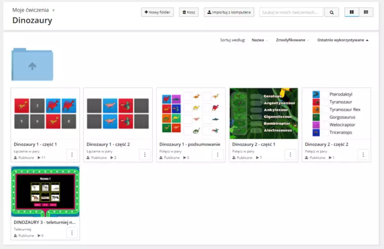 Zrzut ekranu, platforma edukacyjna wordwall - zestaw ćwiczeń o tematyce dinozaurów