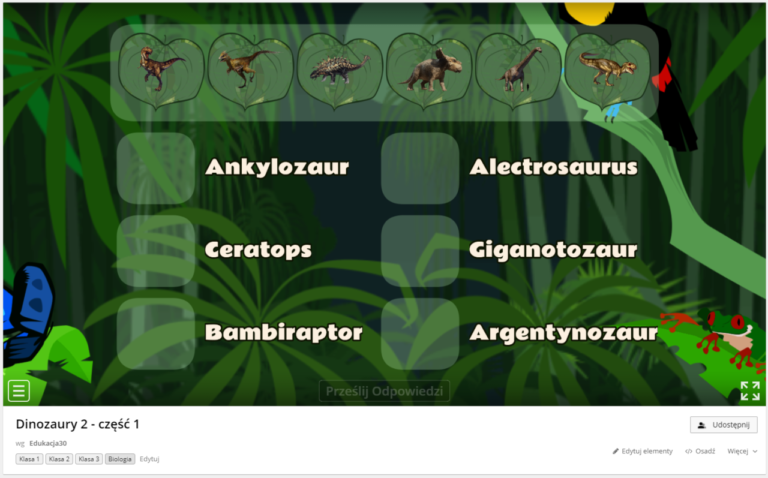 Zrzut ekranu, strona Wordwall.net - ćwiczenie łączenia grafik dinozaurów z ich polskimi nazwami